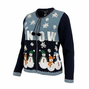 Snowflake Snowmen Pom-Poms Zip Up Cardigan Blue All Points Women's Size Medium